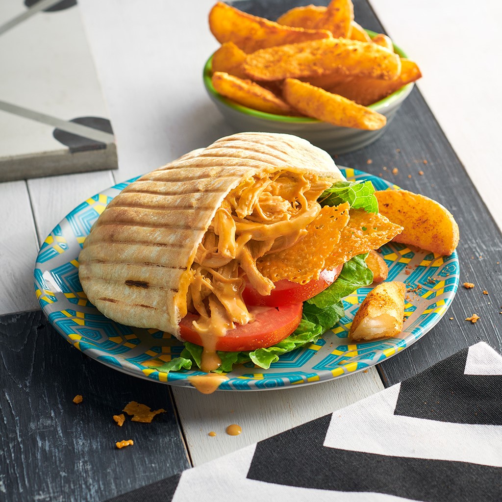 Crispy Cheese Pulled Chicken Pita